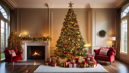  A living room features a large Christmas tree with gold and red ornaments, a star topper, a_1(390)