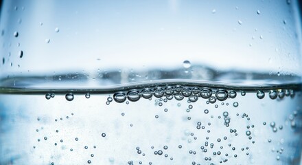 Crystal clear water surface with bubbles blue background