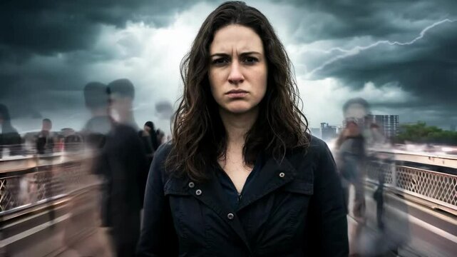 Woman standing motionless with a serious expression in the foreground, while people around her move rapidly in a time-lapse effect, symbolizing isolation and inner turmoil amidst a bustling world