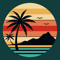 beach Silhouette on Retro Vintage Background Vector T-shirt Design