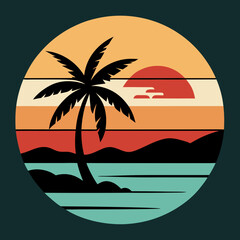 beach Silhouette on Retro Vintage Background Vector T-shirt Design