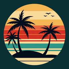 beach Silhouette on Retro Vintage Background Vector T-shirt Design