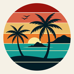 beach Silhouette on Retro Vintage Background Vector T-shirt Design