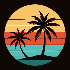 beach Silhouette on Retro Vintage Background Vector T-shirt Design