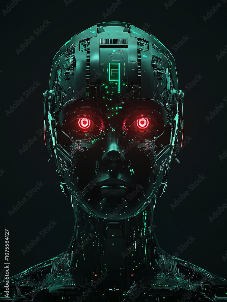 Aufkleber A digital rendering of a robotic head with glowing red eyes and a green circuit board design