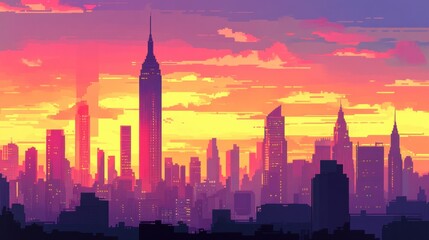 Vibrant City Skyline at Sunset in Pixel Art Style