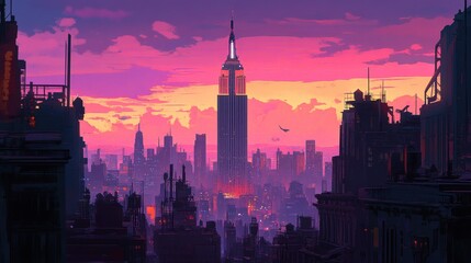 Vibrant Cityscape at Dusk with Iconic Tower