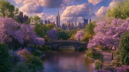Serene Spring in City Park with Blossoming Trees
