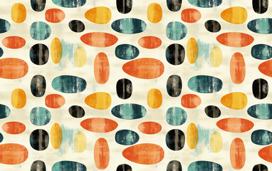 A vibrant, abstract pattern featuring colorful, oval shapes on a cream background, creating a lively and artistic design. Seamless pattern