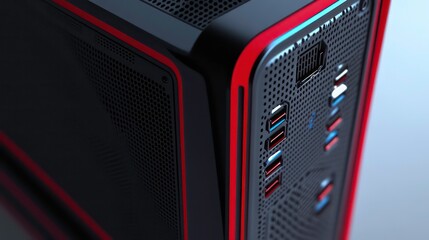 Close-up of a black computer case with red accents and multiple ports.