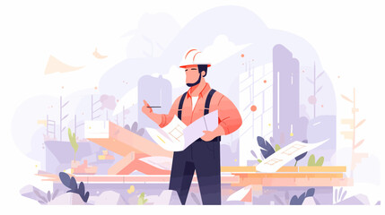 Man wearing a hard hat is drawing a plan. He is standing in front of a building flat vector illustration