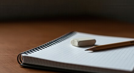 Open notebook with pencil eraser on wooden desk