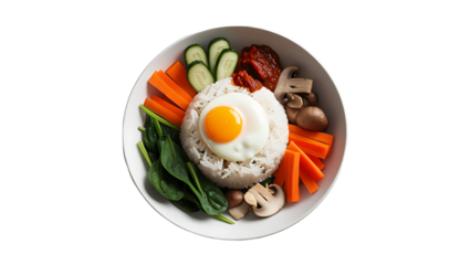 A white bowl filled with a traditional Korean dish called Bibimbap, consisting of white rice, a fried egg, spinach, sliced carrots, mushrooms, and a dollop of gochujang (Korean chili paste).