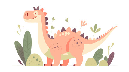Cartoon dinosaur is walking through a field of green plants. The dinosaur has a smile on its face flat vector illustration