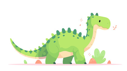 Green dinosaur is walking on a path. It has a long tail and a long neck. The dinosaur is looking at the camera flat vector illustration