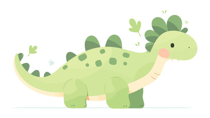 Green dinosaur with a green tail and green leaves on its head. It has a mouth and is smiling flat vector illustration