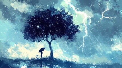 Fototapeta premium Stormy Scene with Tree and Umbrella in Rain