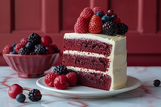 Red Velvet Cake with Berries on Red Background