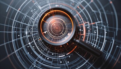 A magnifying glass is on a black background with a lot of glowing lines