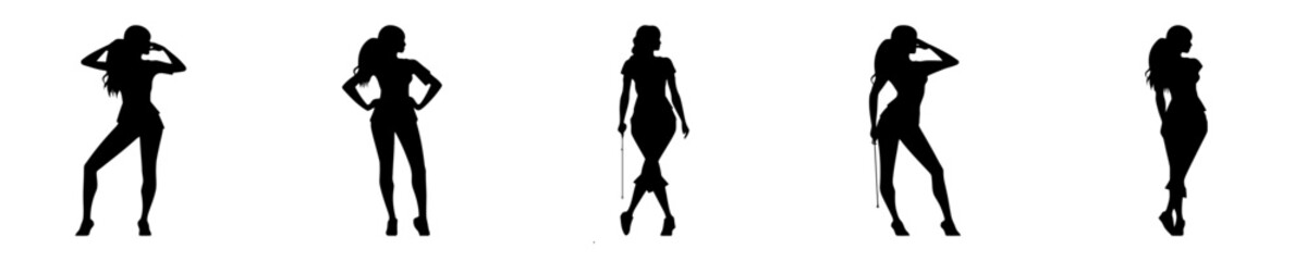 Fototapeta premium Collection of five fashionable women silhouettes, each standing elegantly with distinct styles. Generative AI.