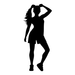 Silhouette of a woman standing with a casual, confident pose, ponytail flowing. Generative AI.