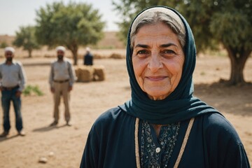Fototapeta premium Close portrait of a smiling senior Iraqi female farmer standing and looking at the camera, outdoors Iraqi rural blurred background