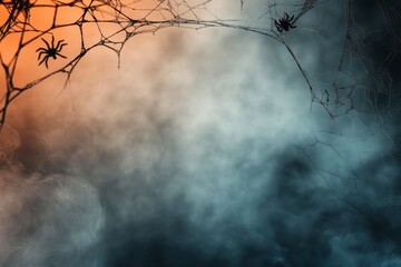 The background is dark and eerie, adorned with spider webs and enveloped in thick fog, making it an ideal choice for Halloweenthemed graphics and designs that evoke chilling feelings