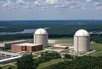 Fototapeta premium Nuclear Power Plant Aerial View. An aerial view of a nuclear power plant with two large containment domes and surrounding buildings.