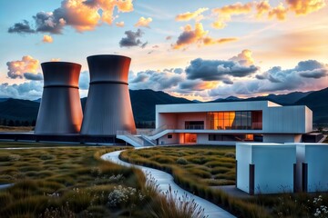 Obraz premium Striking modern nuclear power plant. Dramatic architectural design of a nuclear power plant with distinctive cooling towers, set against a colorful sunset sky.