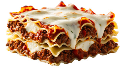 Close-up of a delicious lasagna dish with layers of pasta, meat sauce, and cheese.