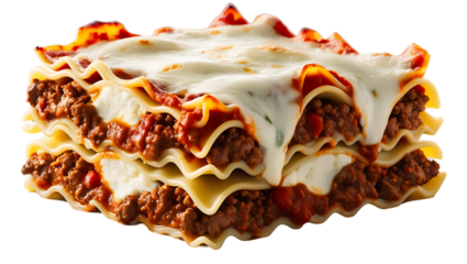Close-up of a delicious lasagna dish with layers of pasta, meat sauce, and cheese.