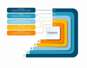 Infographic layered concentric template with 5 steps. Process chart, cycle diagram, vector banner for presentation, report, brochure, web, data visualization.