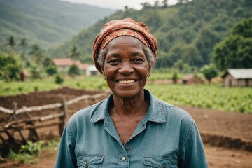 Close portrait of a smiling senior Jamaican female farmer standing and looking at the camera, outdoors Jamaican rural blurred background