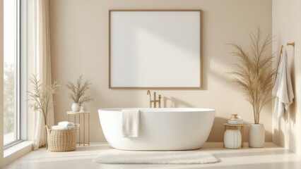 Minimalist Bathroom Interior With Freestanding Bathtub and Natural Decor