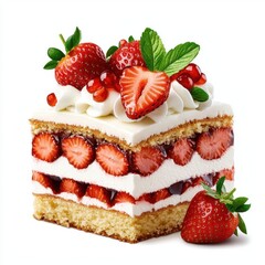 A photostock of a delicious slice of layered strawberry shortcake with whipped cream, perfect for dessert or birthday themes, isolated on white background, High Quality