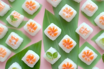 Exquisite assortment of sushi rolls on green leaf