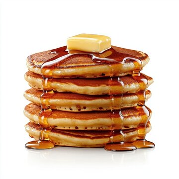 A photostock of a fluffy pancake stack with butter and syrup, ideal for breakfast or brunch themes, isolated on white background, High Quality