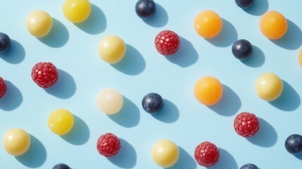 Colorful pattern of assorted gummies fresh berries on blue background
