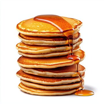 A photostock of a fluffy pancake stack with syrup, ideal for breakfast or brunch themes, isolated on white background, High Quality
