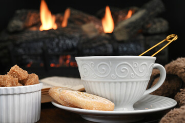 Hot tea in front of a fire with cozy blanket, cookies and book