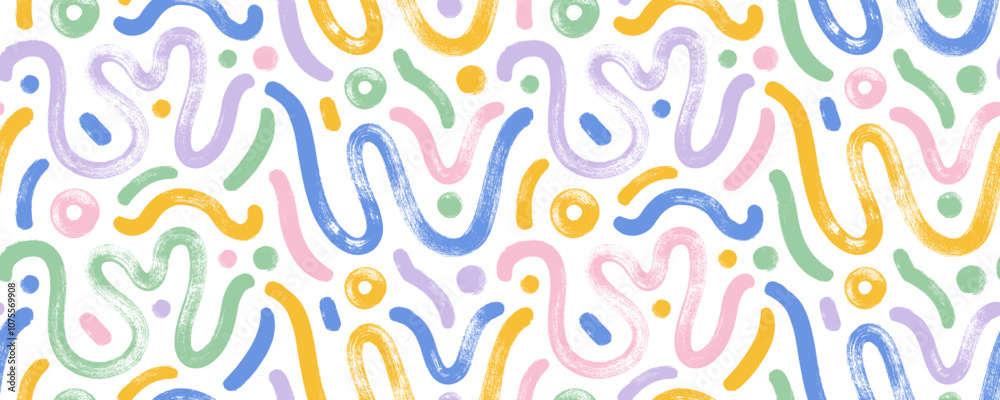 Poster Pastel colored wavy and squiggle seamless pattern with dots and circles. Brush drawn abstract bold thick doodle lines. Simple childish scribble wrapping paper. Abstract modern fluid dynamic waves.