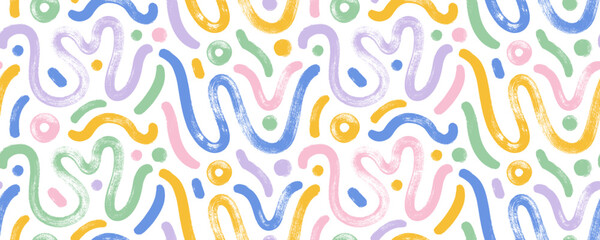 Pastel colored wavy and squiggle seamless pattern with dots and circles. Brush drawn abstract bold thick doodle lines. Simple childish scribble wrapping paper. Abstract modern fluid dynamic waves. © Anastasiia Hevko
