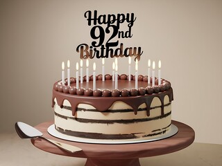 Chocolate Cake with a 92nd Birthday Topper and Lit Candles