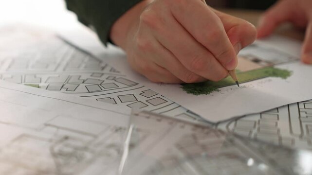 A video of architect with triangle ruler and pencil to measure blueprint. Architect designing house construction on a table at studio, architectural plan scattered around. Focus on hand. Delineation.