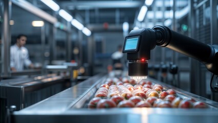 Smart Food Inspection. Robotic arm with advanced vision system scanning apples on conveyor belt in modern food processing facility.