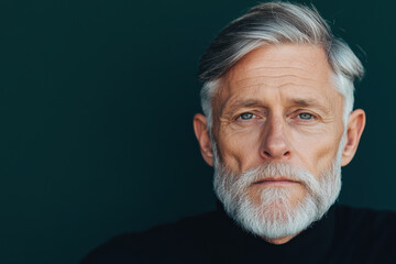 Obraz premium Portrait of an Older Man with Gray Hair and Beard on Dark Teal Background, Expressive Look