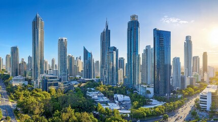 Fototapeta premium Modern Urban Skyline with Lush Green Spaces