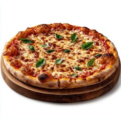 A photostock of a freshly baked pizza margherita with a thin crust, perfect for Italian food themes, isolated on white background, High Quality