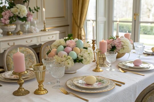 Klassische Osterdeko mit pastellfarbenen Eiern und Blumen in edler Tischumgebung