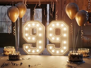 "Happy 99th Birthday" Illuminated Gold Light Sign